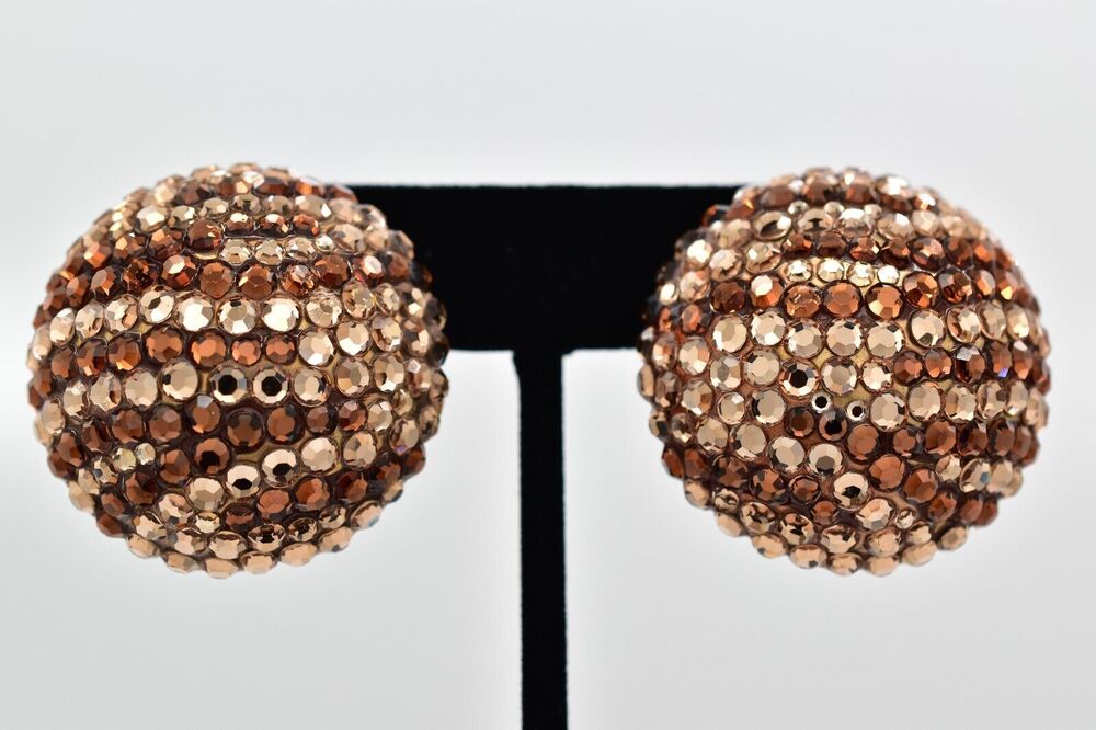 Bellini Formart Vintage Crystal Clip On Earrings Round Tiger Signed 1980s BinBK